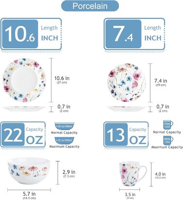 VEWEET Сервіз на 4 особи, 16 предметів, порцеляна. Сучасний сервіз з обідніми, десертними тарілками, мисками для каші та чашками. Можна мити в посудомийній машині та використовувати в мікрохвильовій печі. Серія Doris, 32 предмета