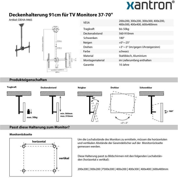 Кріплення для телевізора Xantron DEHA-946S: поворотне, нахильне, обертове, регульоване по висоті, 37-70 дюймів