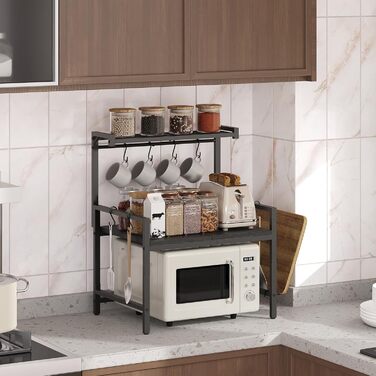 Поличка для мікрохвильової печі, кухонна поличка, 2 яруси, з підставкою для обробної дошки, органайзер з 8 гачками, чорний, ABRBN5301