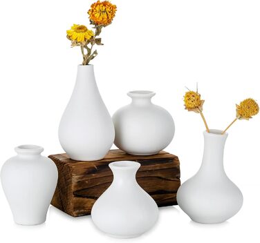 Set of 5 Small White Ceramic Vases - Mini Handmade Vases for Pampas Grass & Flowers - Modern Home Decor for Living Room, Kitchen, Office & Table