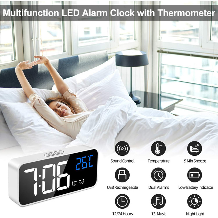 Цифровий годинник MOSUO з LED-дисплеєм, USB-зарядка, показник температури, голосове керування, 2 таймери, функція відкладання, регулювання яскравості та гучності, білий