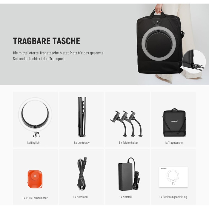 NEEWER Ringlicht RP19H 19 дюймів з триподом та 3 тримачами для телефону, RGB, 42W, CRI 97+, 2540 Lux, для стрімінгу, офісу, Zoom