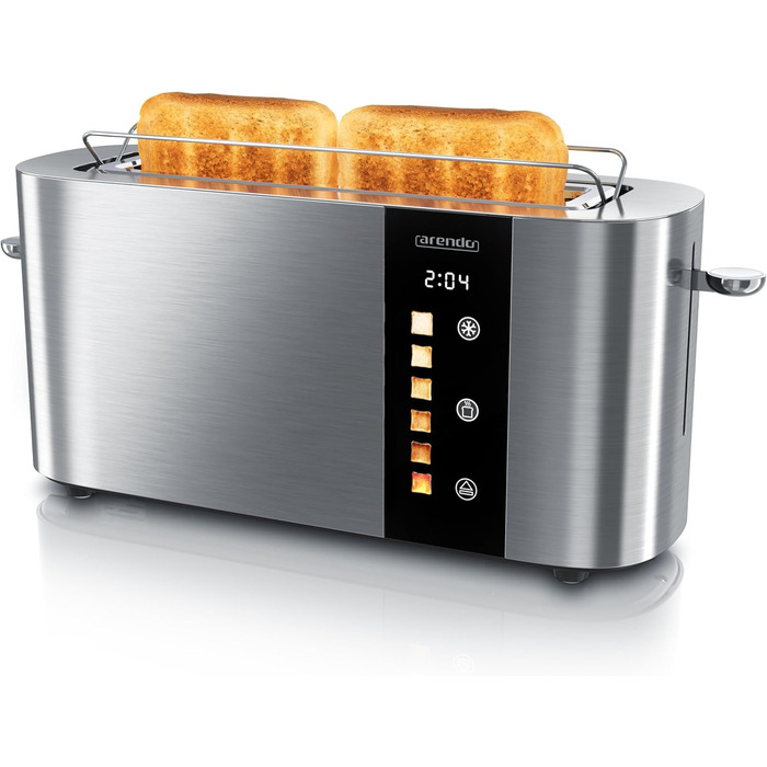 Тостер Arendo з нержавіючої сталі, 2 відділення, довгий проріз, сенсорний екран, подвійні стінки, насадка для бургерів, 6 рівнів підсмажування, центрування хліба, індикатор часу, функція пам'яті, чорний (C: Steelsilver)