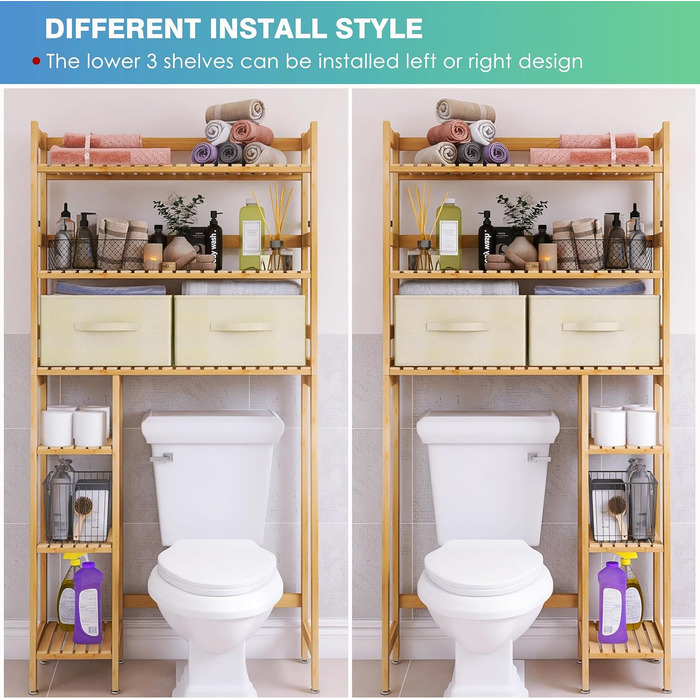 SMIBUY Over The Toilet Storage, 6-Tier Bamboo Bathroom Shelf with Drawers, Freestanding Over the Toilet Organizer Rack, Ample Storage, Space Saver for Small Spaces (Natural)