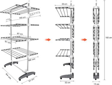 Турбо сушарка для білизни Todeco з нержавіючої сталі, 4 яруси, мобільна, сіра