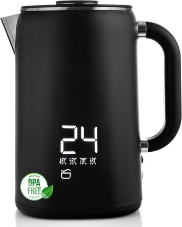 Електричний чайник-заварник Lehmann з нержавіючої сталі, 1,7 л, терморегуляція 45-100°C, з термостатом та дисплеєм, чорний