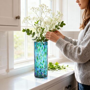 Скляна ваза 22,9 см блакитно-зелена, ручної роботи, сучасний дизайн, для квітів та декору, ідеально для дому та офісу