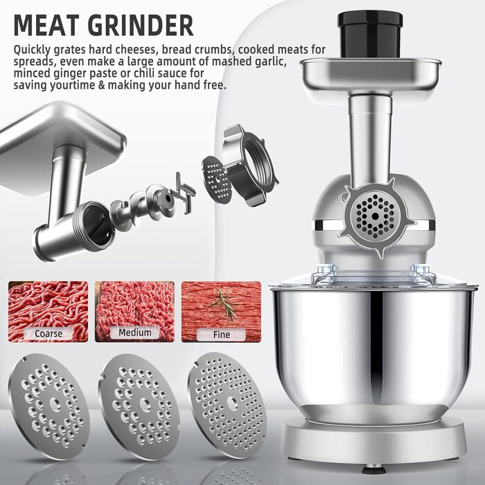 Homlee 3-in-1 Kitchen Machine - 1800W Food Processor with Meat Grinder, Juicer & 5.5L Stainless Steel Bowl - 6 Speed Mixer