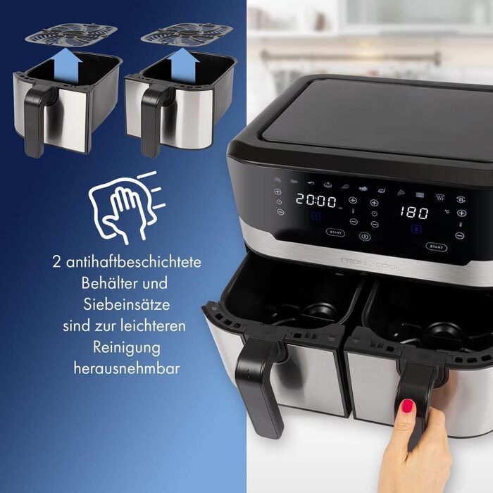 Подвійна аерофритюрниця ProfiCook 9 л XXL, 2400 Вт, 9 програм, сенсорне керування, чорний-нерж, без олії