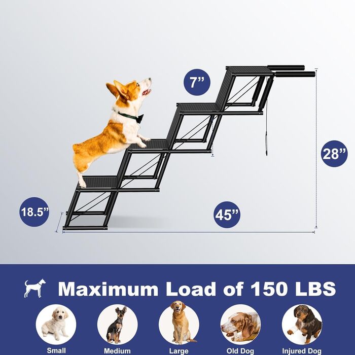 Рампа для собак у автомобіль, складана, 4 сходинки, до 80 кг, для SUV, авто, вантажівка, з принтом лапи, 101х75х47 см