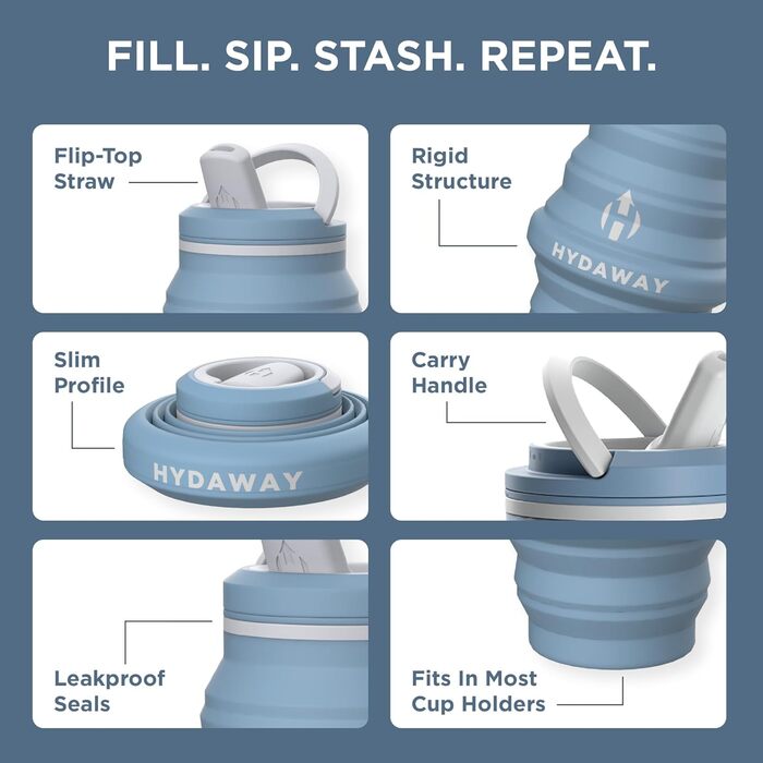 HYDAWAY | Collapsible Water Bottle with Spout Lid | Ultra-Packable and Travel-Friendly | Made of Food-Grade Silicone | 500 ml (Blue Ice)