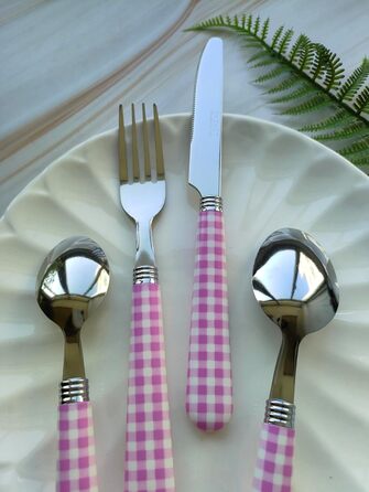 Набір столових приборів EXZACT з нержавіючої сталі, 24 штуки - ручки кольору гінгам - 6 виделок, 6 ножів, 6 ложок, 6 чайних ложок