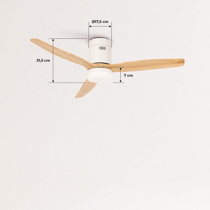 Вентилятор стельовий WINDCALM ABS білий з пультом, 40W, Ø132cm, 6 швидкостей, таймер, DC-двигун, літньо-зимовий режим, з підсвічуванням, колір світлого дерева