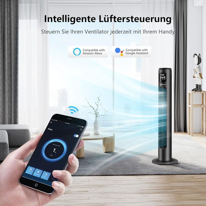 Вентилятор вежний Smart Aigostar 97 см з Wi-Fi, пультом, таймером 24 год, LED-дисплеєм та керуванням Alexa – 2 шт.