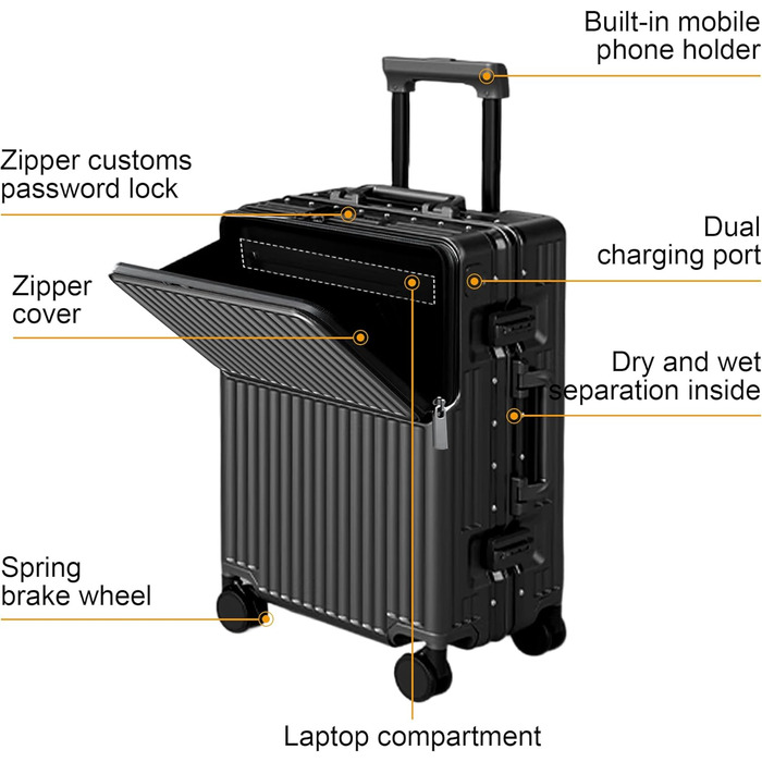 Чемодан ручної поклажі для весни/літа, відповідає вимогам авіакомпаній, з TSA-замком, 360° колесами, PC-корпусом та міцним алюмінієвим каркасом, підходить для розмірів 20'', 24'' та 26'' (20'', 24'') Чорний