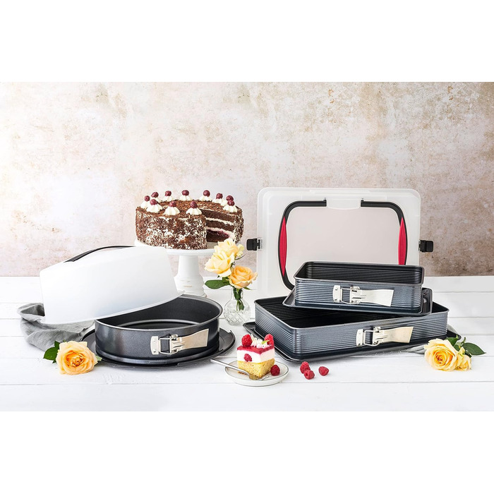 Zenker Springform with Transport Lid Ø 28 cm DELUXE, baking pan with enameled flat base and carrying lid, round cake pan for juicy cake to go (Color: Metallic Black), Quantity: 1 piece