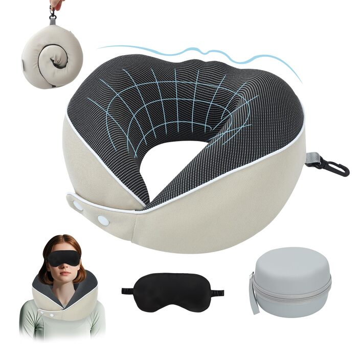 Подушка для шиї Comfy - подорожі літаком та авто. Memory Foam з 3D-маскою для сну, 360° підтримка, бежевий колір