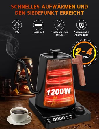 Vmotal Stainless Steel Kettle with Temperature Setting, Swan Neck Kettle, 24-Hour Keep Warm Function, 1200W Electric Kettle with Temperature Display, 1L Coffee Kettle