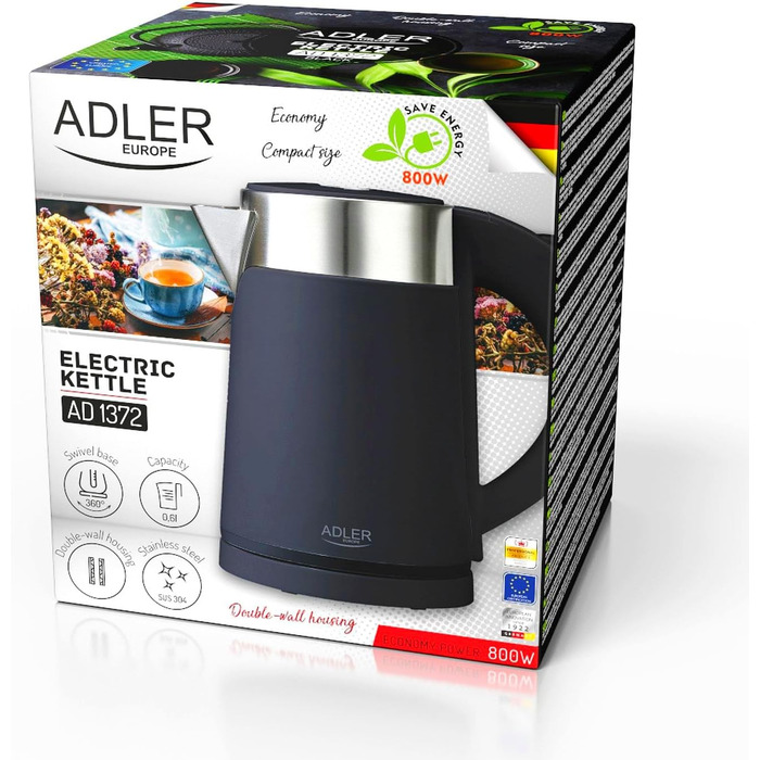 Електричний чайник Adler AD 1372, 0.6 л, Чорний – компактний, для невеликих кухонь, швидкий нагрів