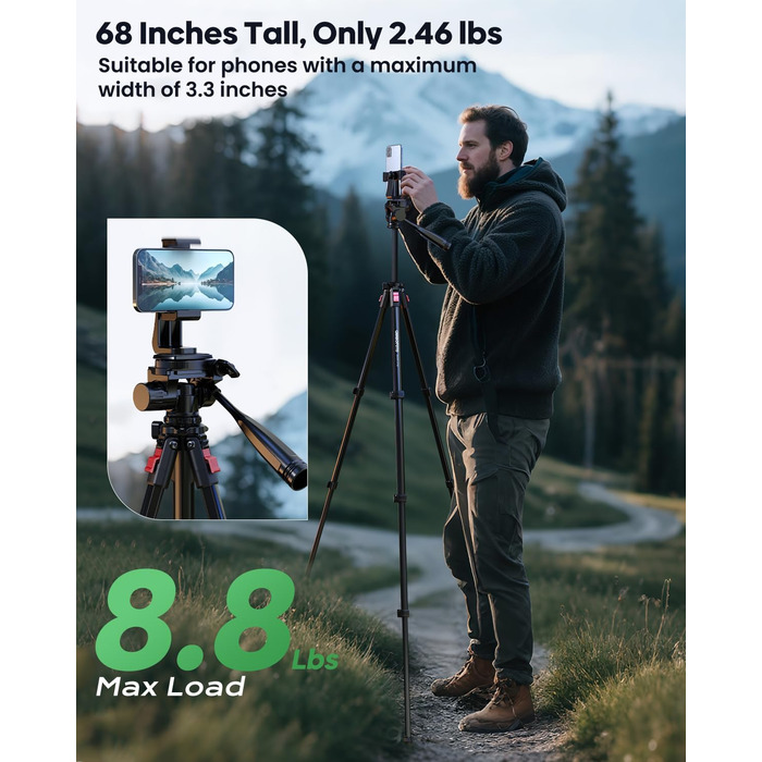 Легкий компактний штатив для камери та смартфона з алюмінію, 173 см, для DSLR/SLR (Canon, Nikon), чорний
