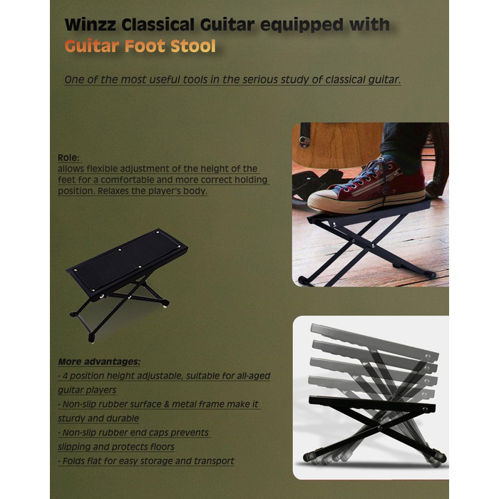 Класична гітара Winzz 4/4 для дорослих та дітей (від 11 років), набір для початківців - Чорний глянцевий (39 дюймів)