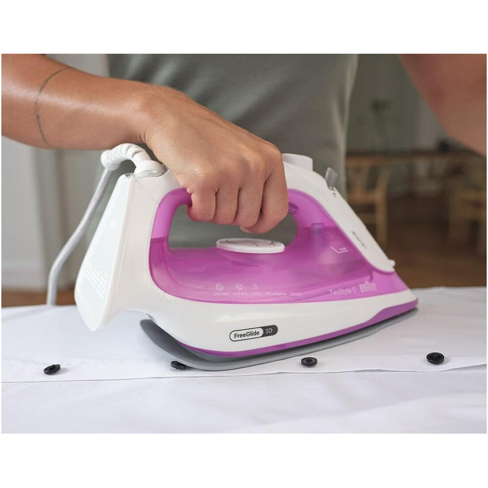 Праска від Braun TexStyle 5 SI5225 PU з підошвою FreeGlide 3D, вертикальним відпарюванням та антикапелевою системою, 200 г/хв, 2500 Вт, білий/фіолетовий