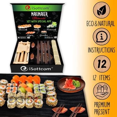 Набір для приготування суші iSottcom: робіть смачні суші та роли самостійно! З рецептами та додатком. З дерева бука та бамбука - ідеальний подарунок!