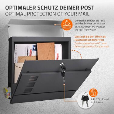 Поштова скринька настінна ECD Germany з газетницею, антрацит/срібло, 37x10.5x36.5 см, нержавіюча сталь, вікно огляду, 2 ключі, кріплення. Сучасний дизайн.