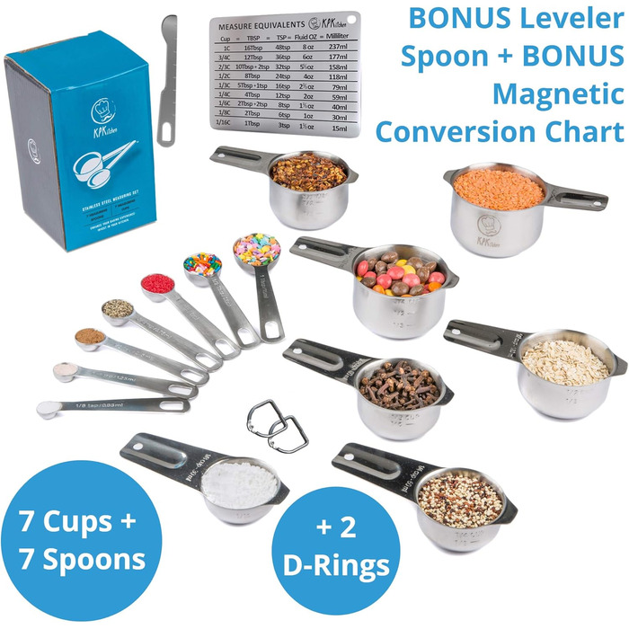 Stainless Steel Measuring Cups and Spoons Set, 16 Pieces, 7 Cups & 7 Spoons + Leveler & Chart - Metal Measuring Spoons and Cups - Stainless Steel Dry Measuring Cups & Liquid Metal