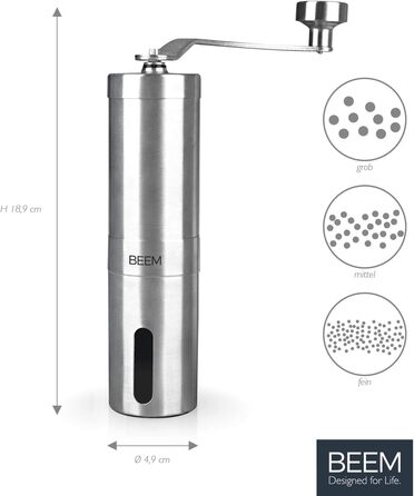 Ручна кавомолка BEEM GRIND-2-GO, 40 г, конічний жорн, безступеневе регулювання помолу, нержавіюча сталь, бавовняний мішечок