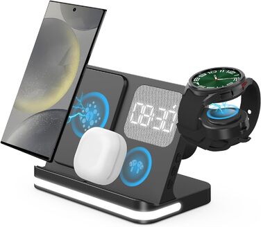 Бездротова зарядка 4-в-1 з будильником для Samsung Galaxy: Watch, Buds, Fold, Flip, S-серії (чорний)