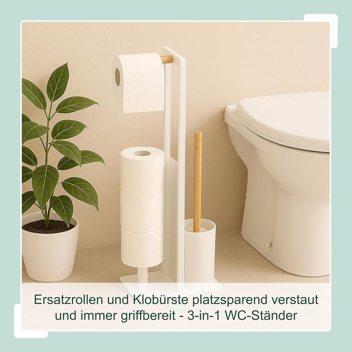 Набір для туалету Relaxdays: тримач туалетного паперу, щітка, відсік для рулонів, білий/натуральний колір
