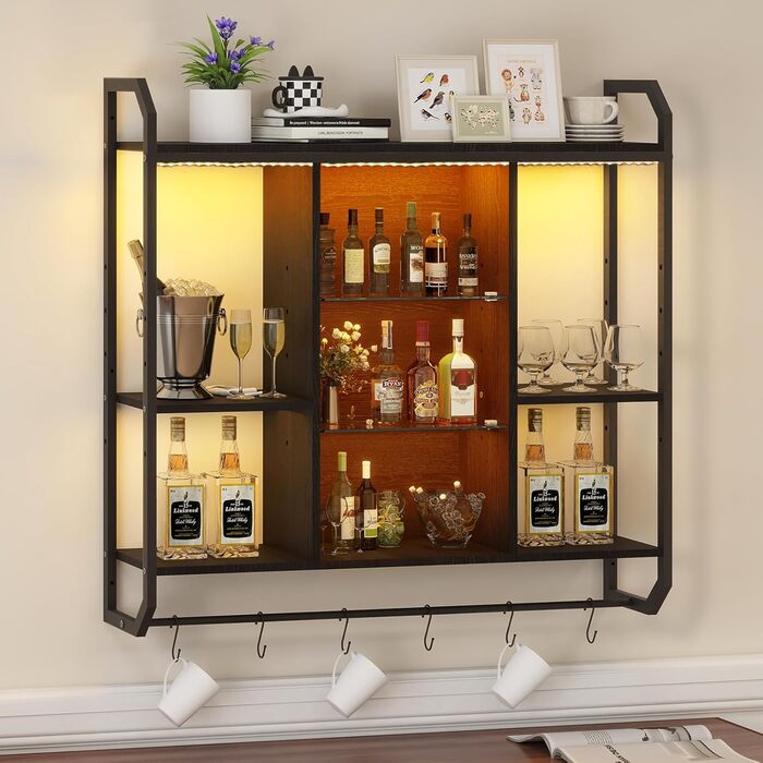 Стильне металеве вітрина для вина з LED-підсвічуванням на стіну, 3 яруси, чорний колір, для бару, кухні, вітальні, ресторану, 20x80 см