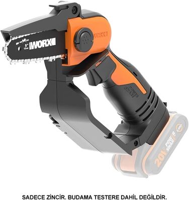WORX WG325E Nitro Mini акумуляторна бензопила 20V, одноручна пилка для гілок, потужний безщітковий двигун, 5650 об/хв, довжина різання 12 см, легка та компактна, автоматичне змащення ланцюга (з акумулятором 2Ah та зарядним пристроєм)