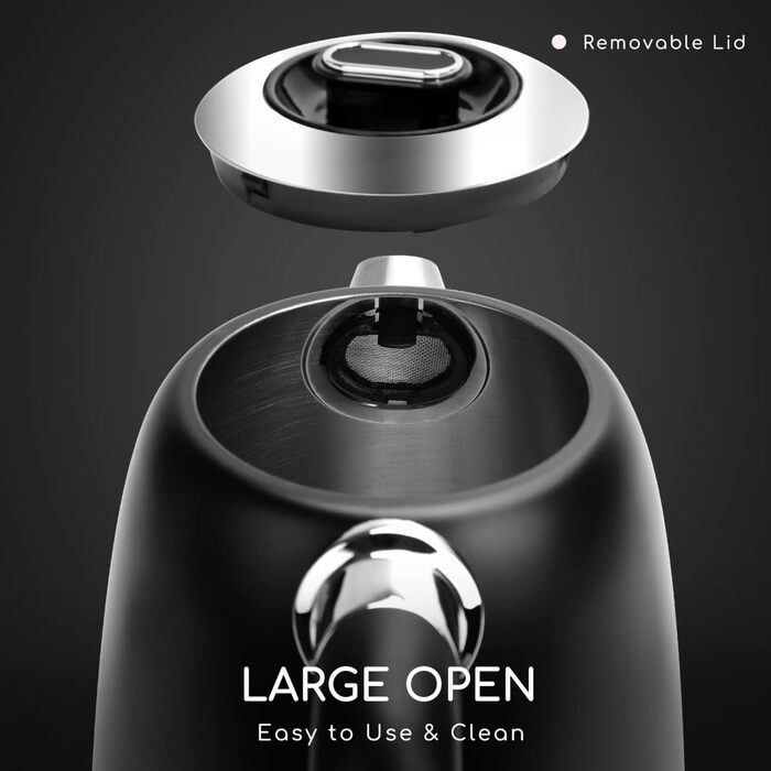 Електричний чайник Aigostar з регулюванням температури 1,7 л, ретро-дизайн, чорний матовий, цифровий дисплей, функція підтримання тепла, без пластику всередині, BPA-free