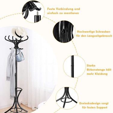 COSTWAY 184cm Wardrobe Rack with Umbrella Holder, Coat Rack with 12 Clothes Hooks, Clothes Rack made of Wood, Freestanding Coat Rack for Entryway, Living Room and Bedroom (Black)