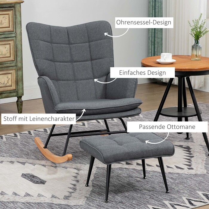 HOMCOM Rocking Chair up to 130 kg, Swivel Chair with Ottoman, Armchair, Quiet Chair, Linen-look Rocking Chair for Living Room & Bedroom