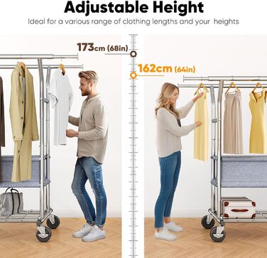 Вішалка для одягу HOKEEPER на коліщатках, вантажопідйомність 204 кг, висувна штанга для одягу