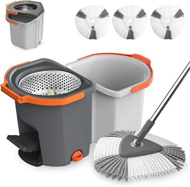 Набір для миття підлоги з відром, моп з функцією віджиму, складне відро з педаллю та 2-камерним відром, повний набір з 3 мікрофібрових насадок для ламінату, паркету та плитки (темно-сірий)