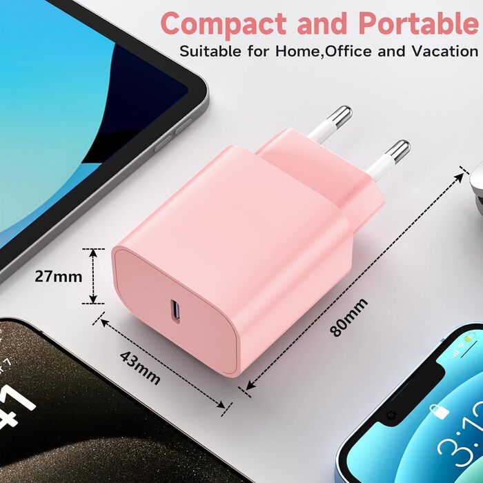 Зарядний пристрій USB-C 20W з кабелем Type-C 2м для iPhone 16/15/Pro/Air, iPad - Рожевий + Зелений (2 шт)