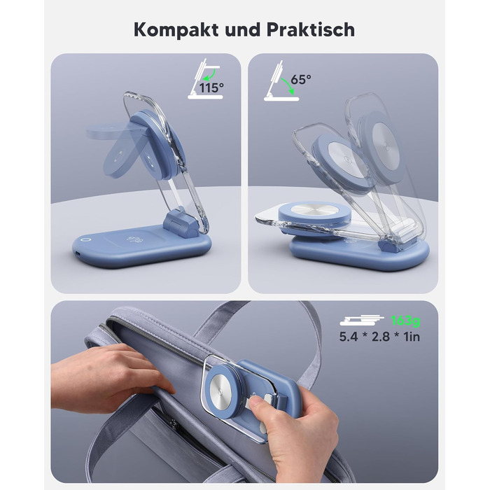 Підставка для зарядки MagSafe 3-в-1 для iPhone 17/16/15/14/13/12 Pro Max/Air/Plus/Pro та Apple Watch 10/9, AirPods 3/2/Pro (блакитна)