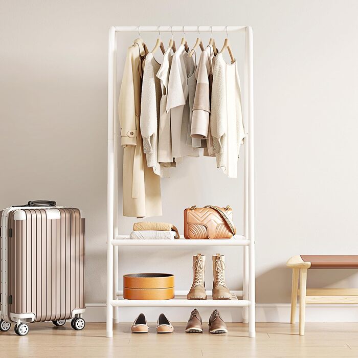 Robust metal clothes rack with double shelves for hanging clothes. Freestanding portable metal clothes rack, 62 L x 35 W x 157.5 H cm. Space-saving, Gold (White)