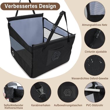 Автокрісло для собак - водовідштовхувальне автокрісло для маленьких та середніх собак з сітчастим вікном та ременем безпеки - складаний кошик для собак в авто для будь-якого розміру (Чорний)