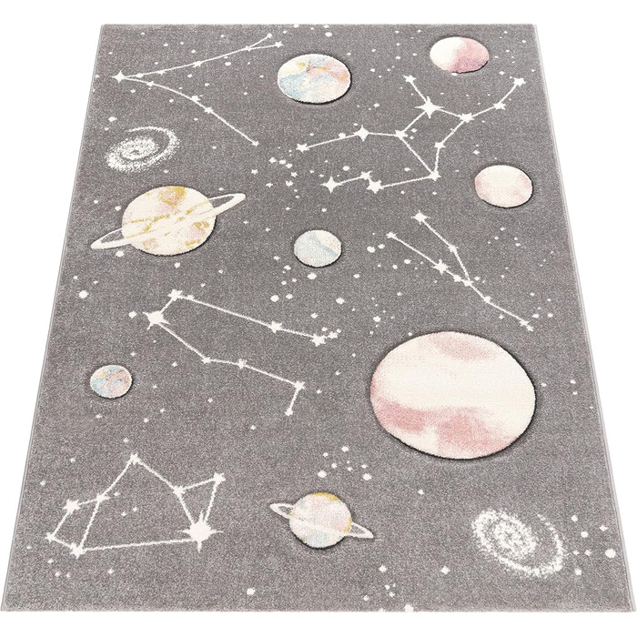 Paco Home Kids Rug, Play Rug for Children's Room with Planets and Stars, in Grey, Size: 120x170 cm 120 x 170 cm