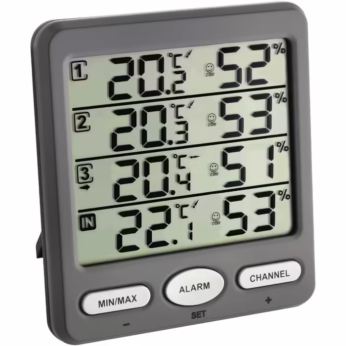 TFA Dostmann Climate Monitor Radio Thermohygrometer with 3 Sensors, Plastic, Grey L 116 x W 24 (64) x H 126 mm