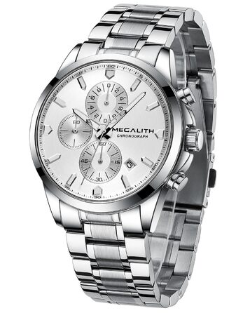 MEGALITH Чоловічий годинник з нержавіючої сталі, Хронограф, Водостійкий, Аналоговий годинник для чоловіків, Бізнес-дизайн, Календар, Світіння (B-silver)