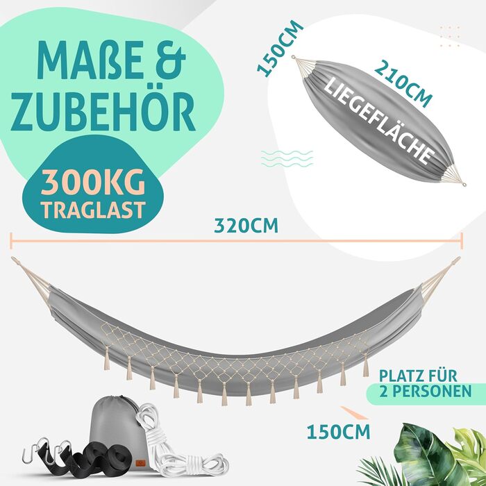 Гамак KESSER 320x150 см до 300 кг, водостійкий і дихаючий, з китицями, для 1-2 осіб, для кемпінгу, саду та відпочинку, сірий, у комплекті чохол, мотузки й ремені
