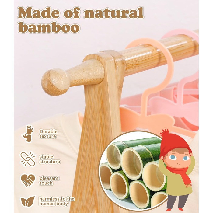 Relquorax Bamboo Children's Clothes Rack with Storage Bag and Clothes Rail, Dress-Up Stand, Small Wardrobe Rack, for Costumes in Children's Rooms (Natural Color)