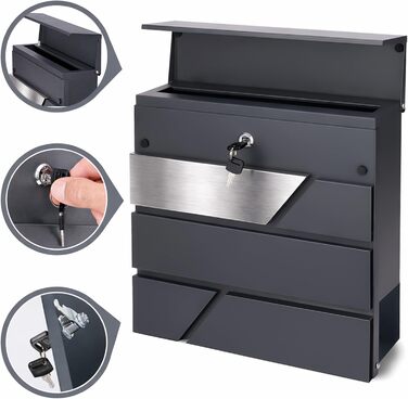 Поштова скринька Verda Anthrazit з газетницею, порошкове покриття AkzoNobel, 2 ключі, табличка з іменем, дизайнерська настінна поштова скринька з нержавіючої сталі