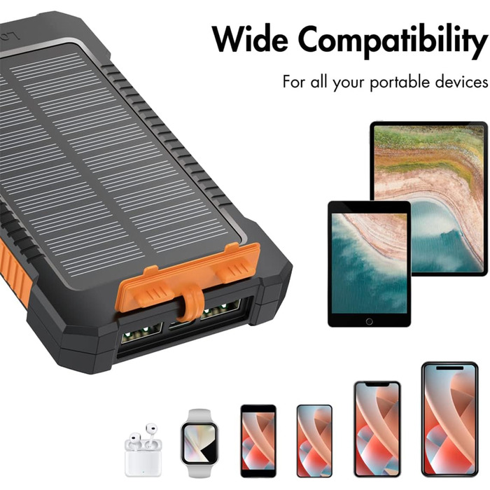 Портативний зарядний пристрій Solar Powerbank 8000 mAh з ліхтариком, чорно-помаранчевий, заряджає 2 пристрої (2x USB Type-A)